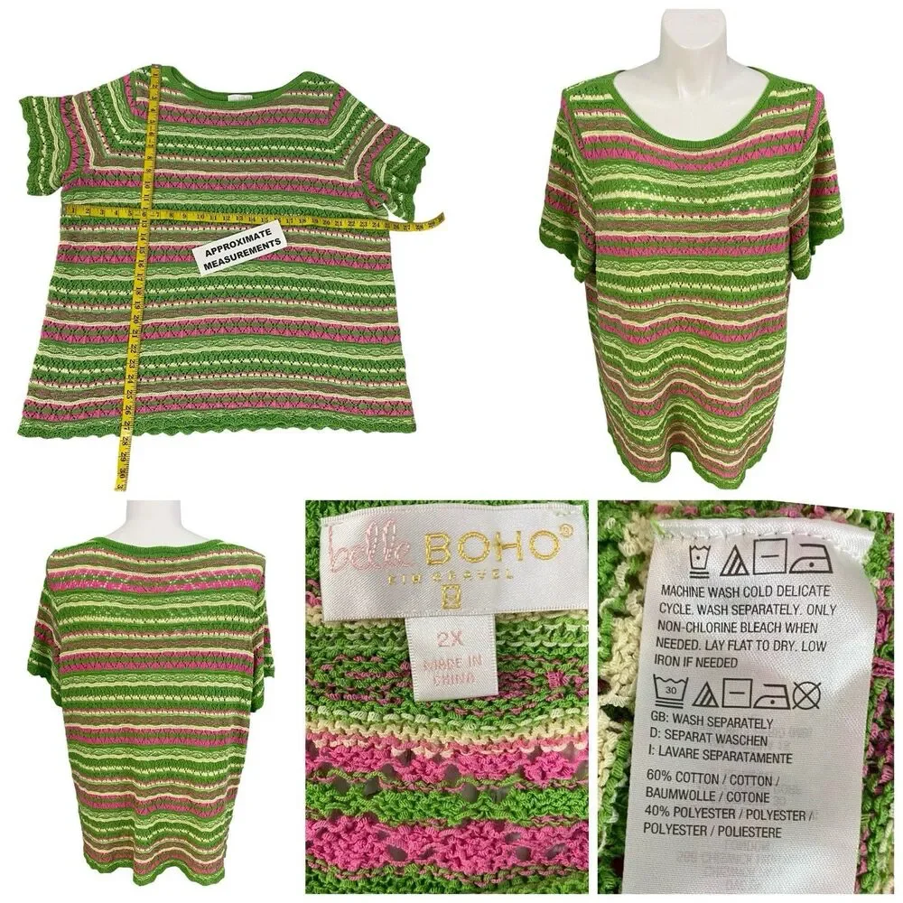 Bell Boho Sweater Womens 2X Green Pink Stripe Open Knit Crochet Short Sleeve